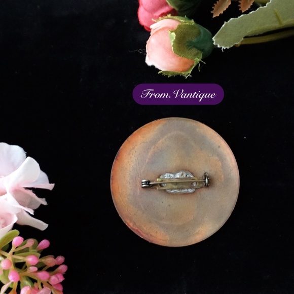 🟢 VINTAGE Copper Circle Plate with Green Painting Brooch / Scarf Pin - Picture 3 of 5